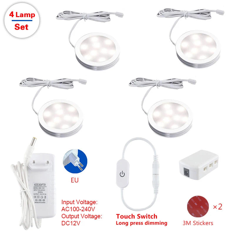 LED Under Cabinet Puck Lights DC12V Touch Dimmable Round 3W/5W Warm/Natural/Cool White Set