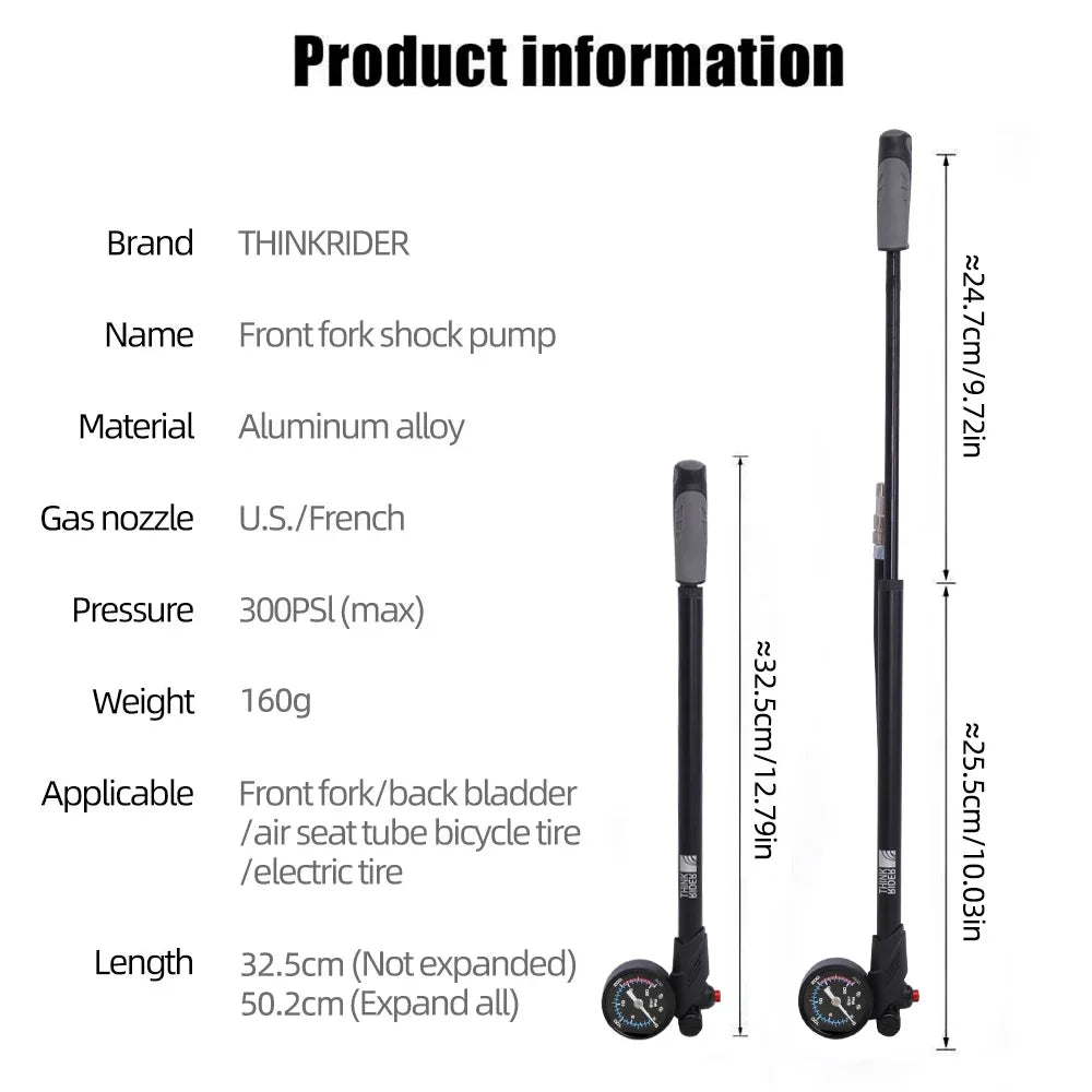 ThinkRider Bike Shock Pump 300psi with Gauge for Suspension Fork & Rear Shock, Black