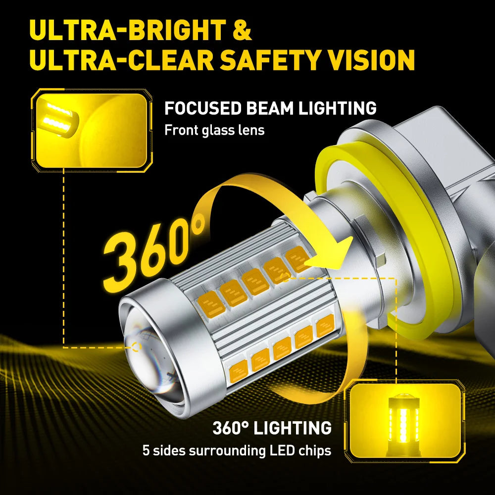 AUXITO 2Pcs H11 H8 Fog LED Lamp Bulbs light Canbus H9 H10 9145 9140 9006 HB4 No Error DRL Daytime Running Car Lamp 3000K Yellow