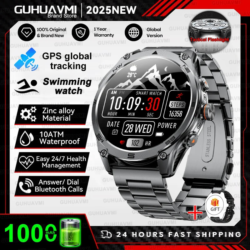 1.75''AMOLED Screen Smart Watch Men 10ATM Waterproof Compass GPS Smartwatch Bluetooth Call 1000mAh Large Battery Sports watch