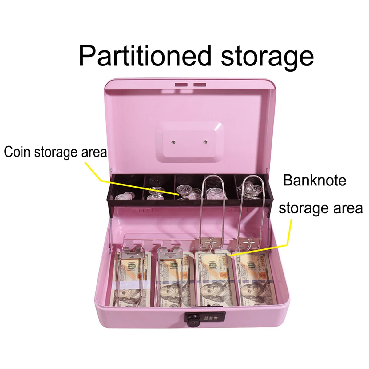 1 pc Money Box with Key -Money Tin with Lock - Medium-sized Cash Box with Coin Tray for Petty Cash Coins Notes,Home , Business