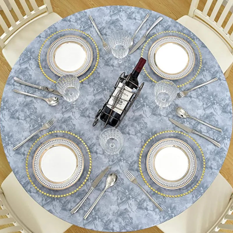 Fitted Round Plastic Vinyl Table Cloth Flannel Backing Elastic Edge Waterproof Table Protector for Dining Room Table Cover