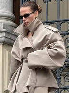 Women Lace Up Loose Trench Coat Fashion Long Sleeves Lapel Wide Shoulder Oversized Windbreaker Lady Commute Street Outerwear