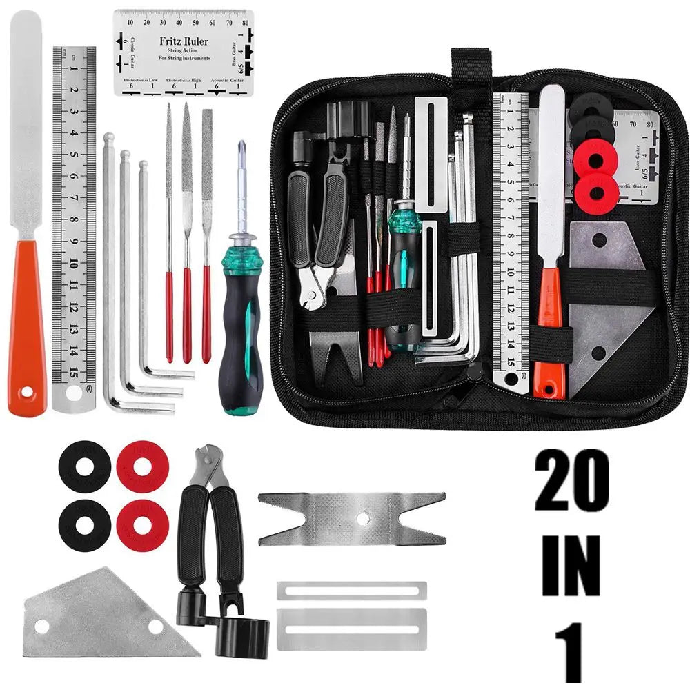 20PCS Guitar Tool Kit Repairing Maintenance Tools Guitar Care 3 in 1 String Winder Leveling Action Ruler Fret Sanding File Set