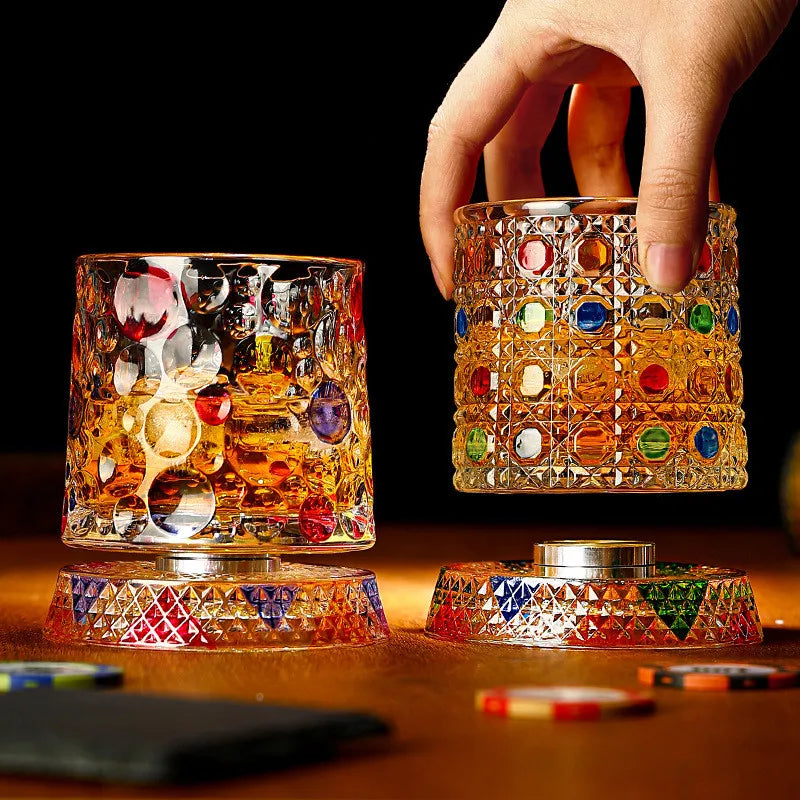 Rotating Whiskey Glass with Base 270ml Crystal Relief Tumbler Cup, Multiple Colors