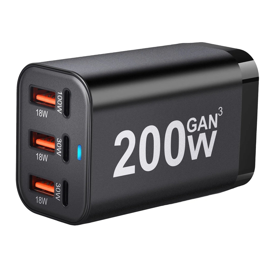 USB C Fast 200W 6-Port Charging  Fast  GaN Charger Power Adapter For iPhone 14/13/12 Series, Samsung Galaxy S23/S22/S21