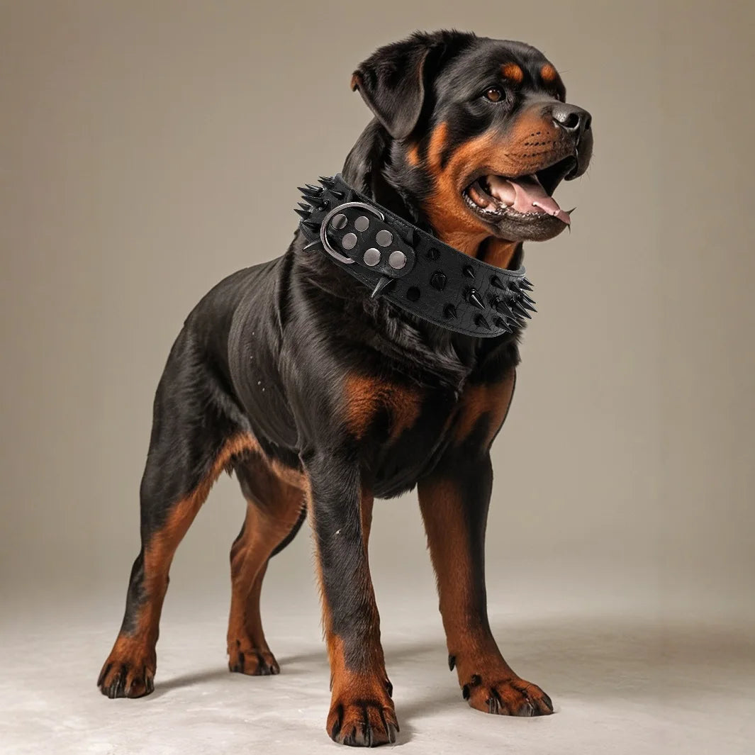 Fashion Anti Bite Rivet Sturdy Pu Leather Pet Collar Bulldog Domineering Adjustable Collar for Medium and Big Dog Pet Supplies