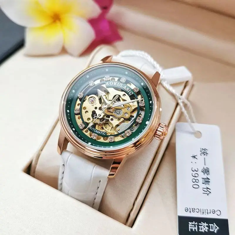 Augulas Genuine Hollow-Out Diamond-Encrusted Fully Automatic Mechanical Watch for Women, Fashionable and Simple, Luminous Waterproof Watch for Female Students, Trendy, the Best Gift for Her, No Battery Needed