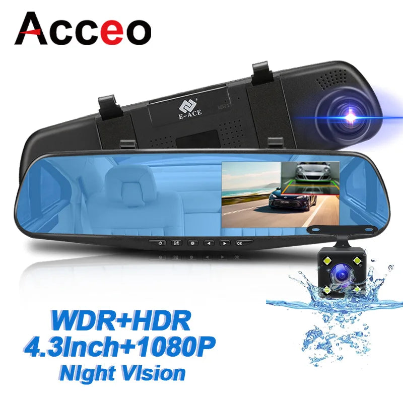 4.3in 1080P Dual Lens Rearview Mirror Dash Cam DVR Night Vision, 32GB/64GB Options