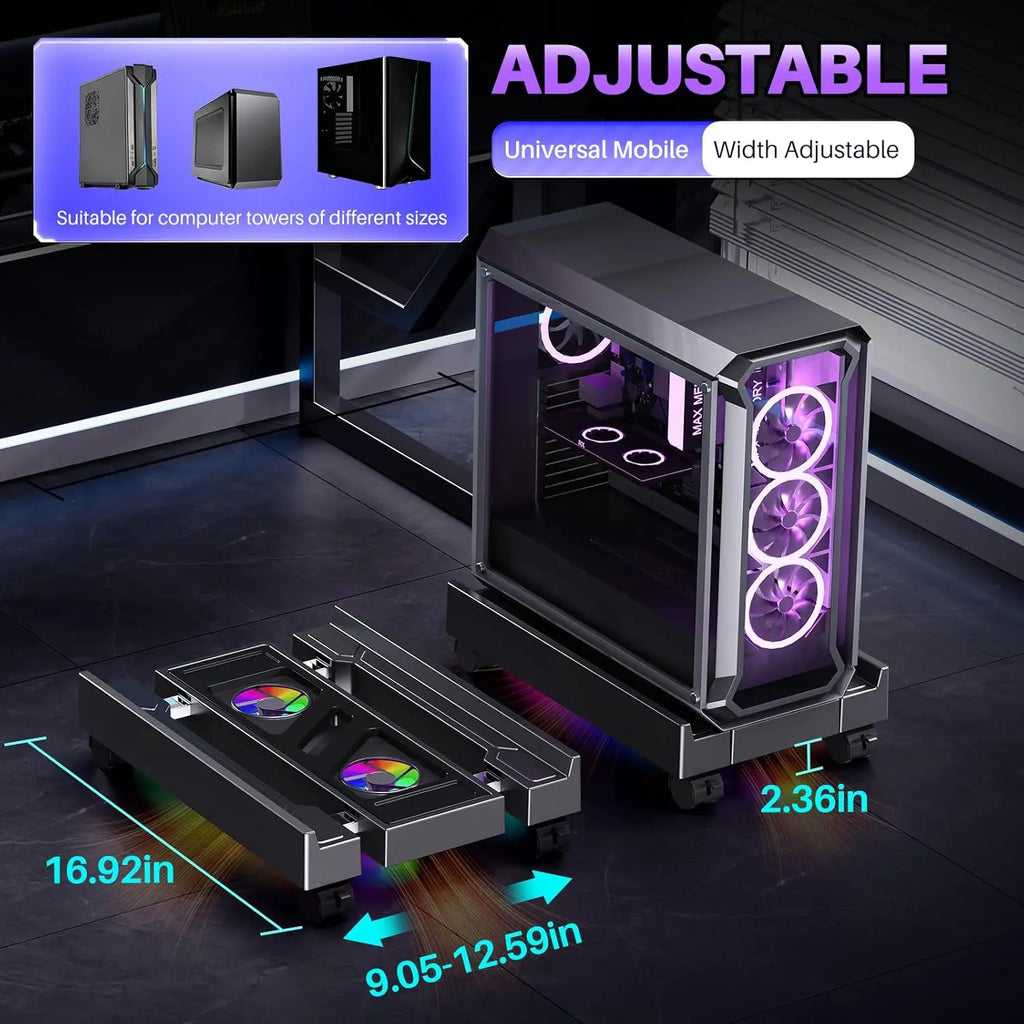 Adjustable CPU tower stand with wheels, telescopic under desk computer holder, with RGB fan