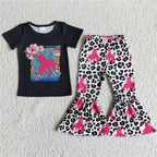 Wholesale No Moq Mama Baby Girl Clothes Short Sleeve Shirt Leopard Bell Bottom Pants Outfits Toddler Children Mother's Day Set