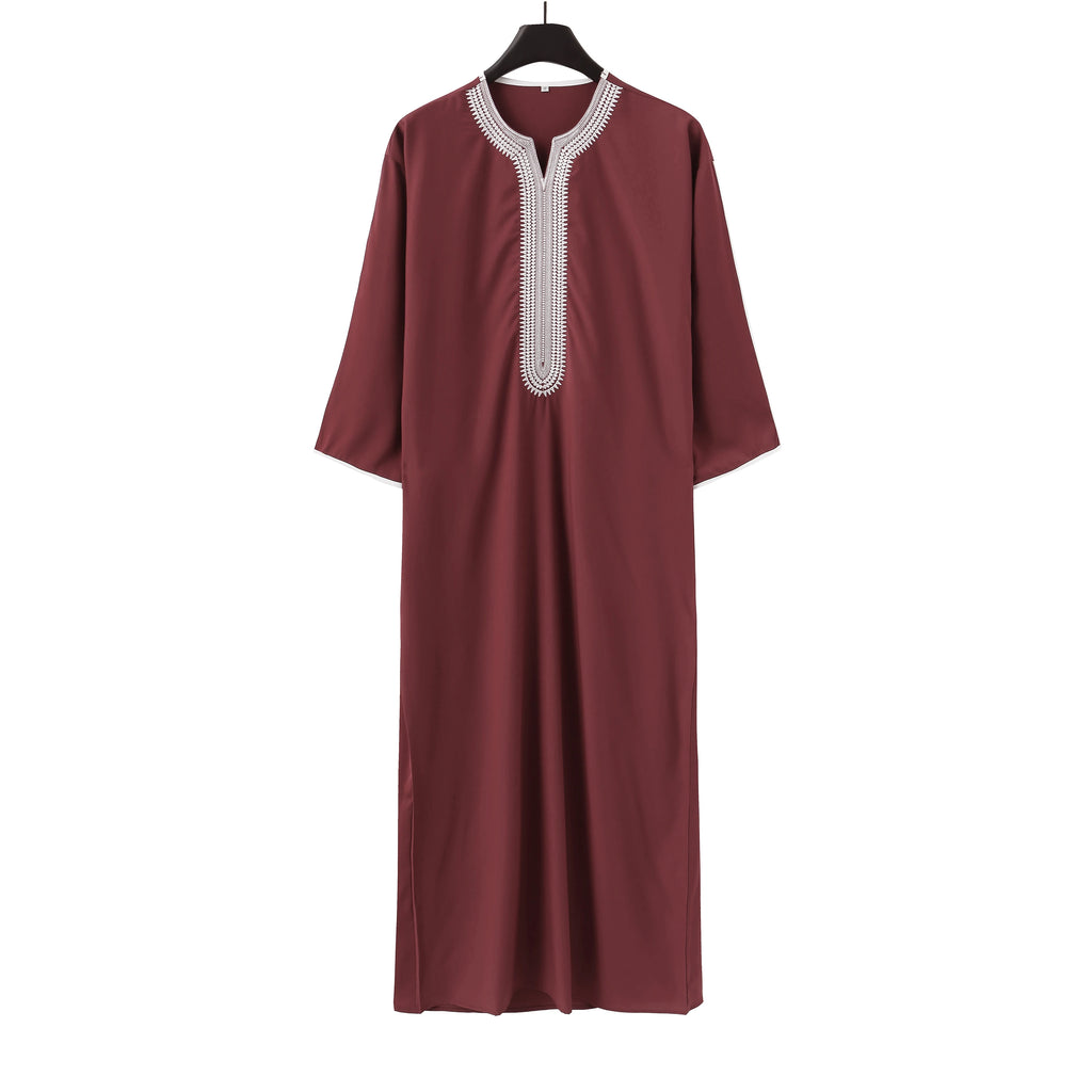 Summer 2025 Kaftan Muslim Men's Short Sleeve Embroidered Loose Casual Robe Breathable Islamic Abaya for Men
