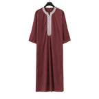 Summer 2025 Kaftan Muslim Men's Short Sleeve Embroidered Loose Casual Robe Breathable Islamic Abaya for Men