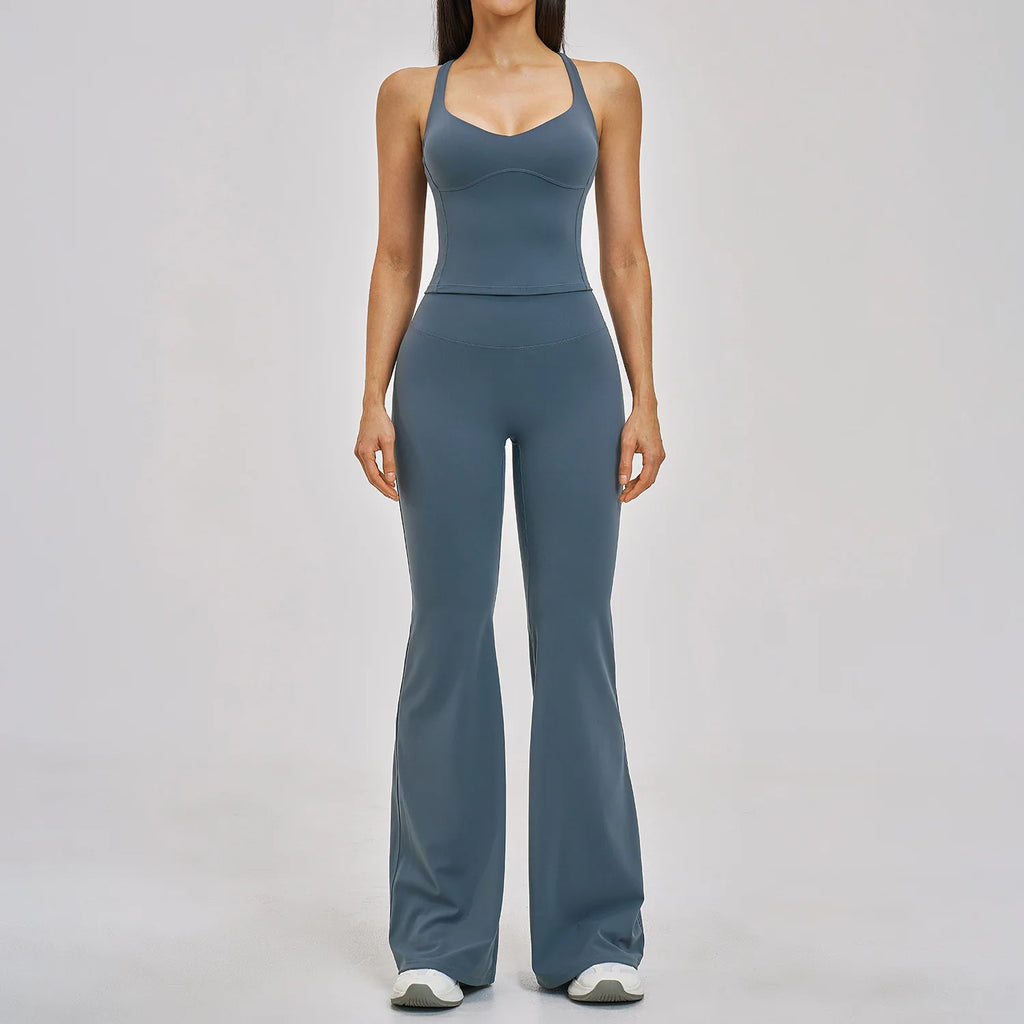 Women's 2pc Yoga Set High Waist Leggings + Top Workout Gym Tracksuit, Black/Blue S-XL