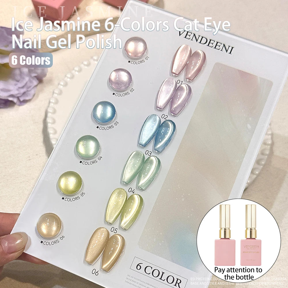 Vendeeni 6 Colors Crystal Cat Eye Gel Nail Polish Set Semi Permanent Sparkling Magnetic UV LED Soak Off Gel Varnish With Display