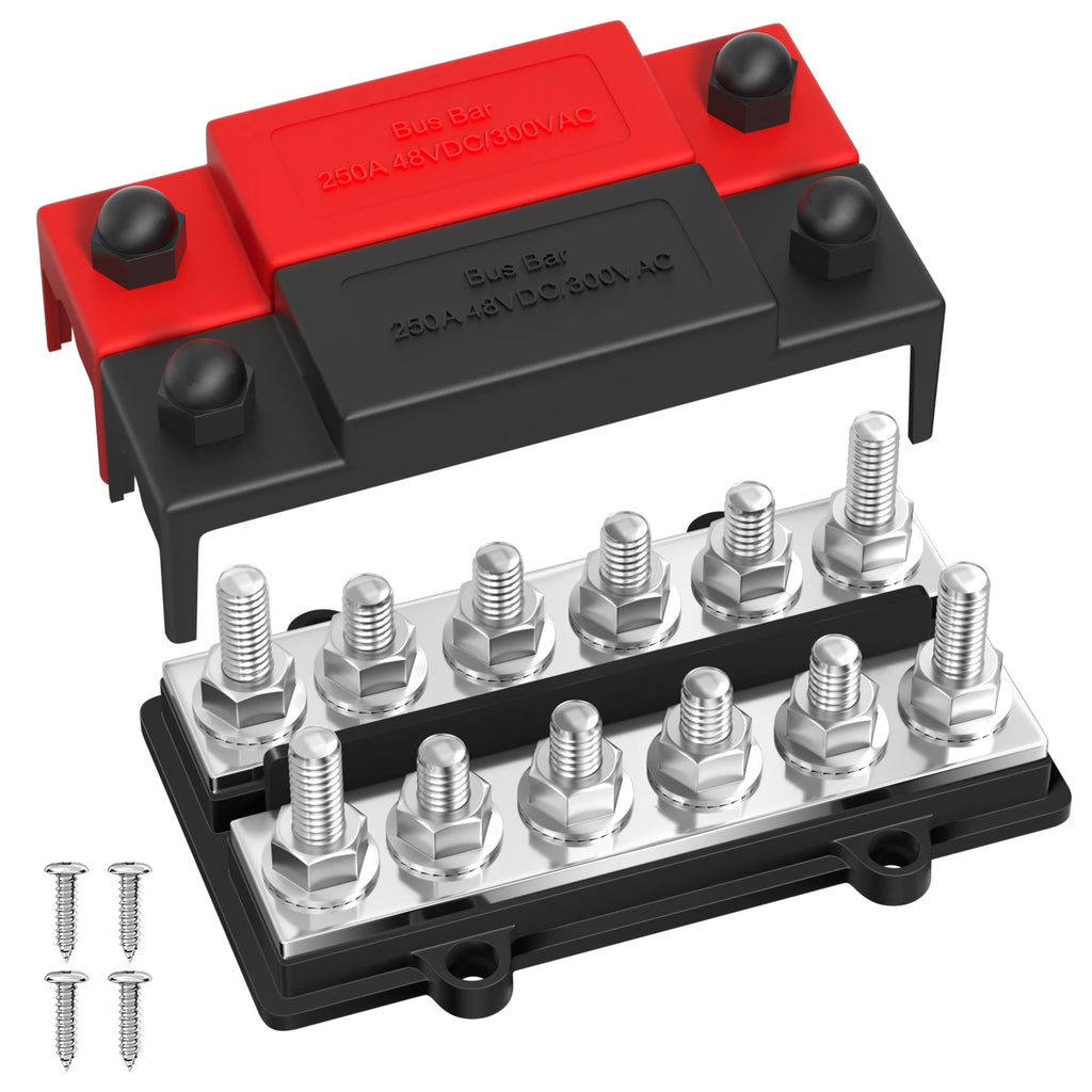 250A Dual Bus Bar 12V Dual Row Bus Bar Power Distribution Block 12 x 5/16" Terminal Studs Positive and Negative Battery Bus Bar