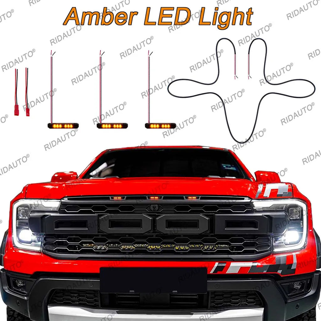 For Aftermarket Raptor Grille 3Pcs Amber White LED Light Pickup Grille Light DIY LED Light Fit For FORD RANGER RAPTOR 2023-2025+