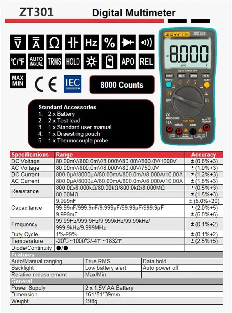 ZOYI ZT301 ZT302 ZT303 Digital Multimeter 8000 19999 Counts True RMS Multifunction AC/DC Voltage Temperature Capacitance Tester