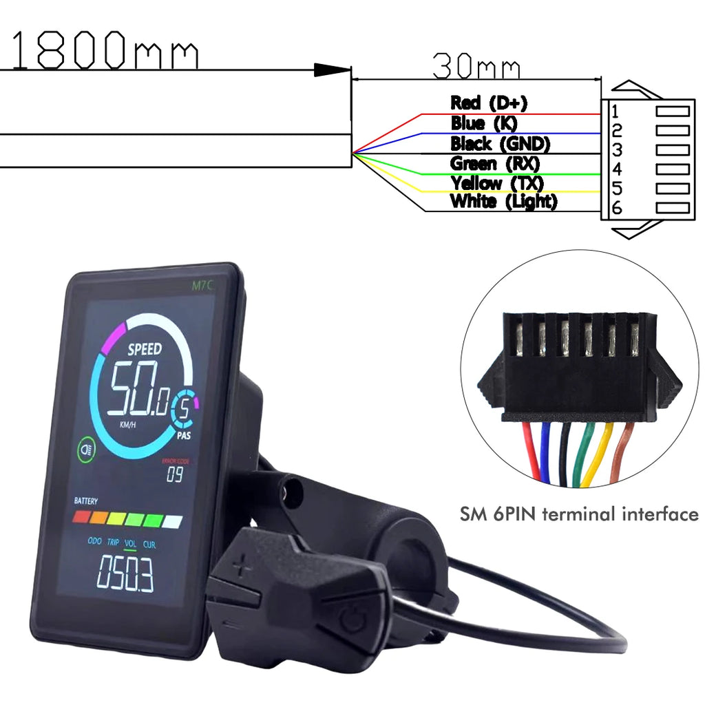 M7C-2 Electric Bike LCD Display Meter UART2 with USB, 24V-60V, 5/6 Pin Options