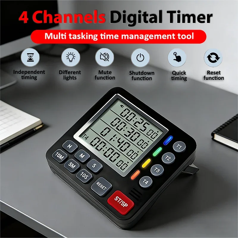 4 Channels Digital Timer Timing Kitchen Timer Learning/Catering Use LCD Display Mute Flashing Timer with Magnetic Back Stand