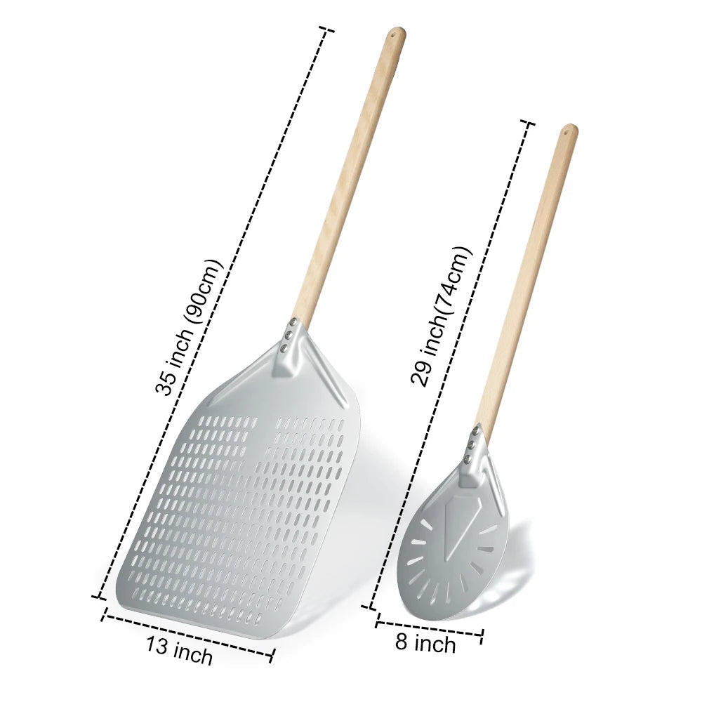 SHANGPEIXUAN Perforated Pizza Peel with Turning Pizza Peel Wood Handle Pizza Shovel Anodized Short Spatulas Baking Tools