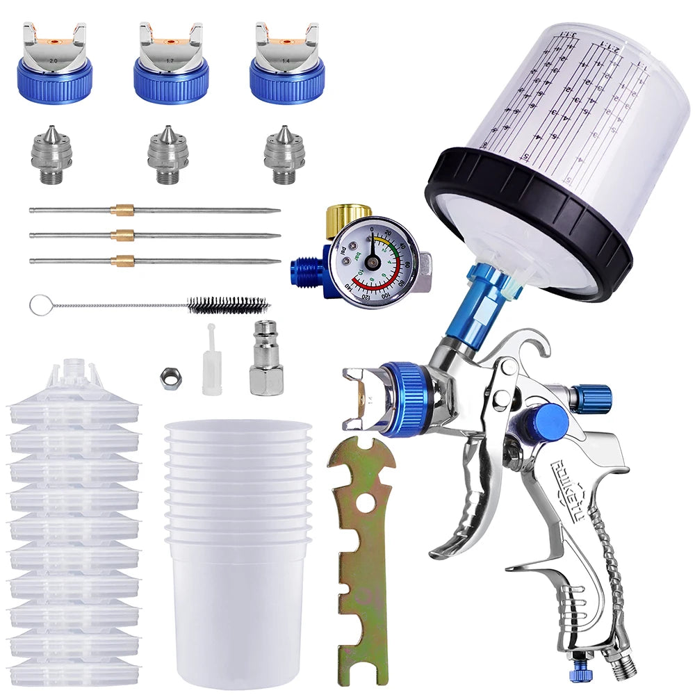 HVLP Spay Gun 1.4/1.7/2.0mm Nozzle Gravity Airbrush For Car Painting Tool 10pcs 600ml No Clean Disposable Measuring Cup