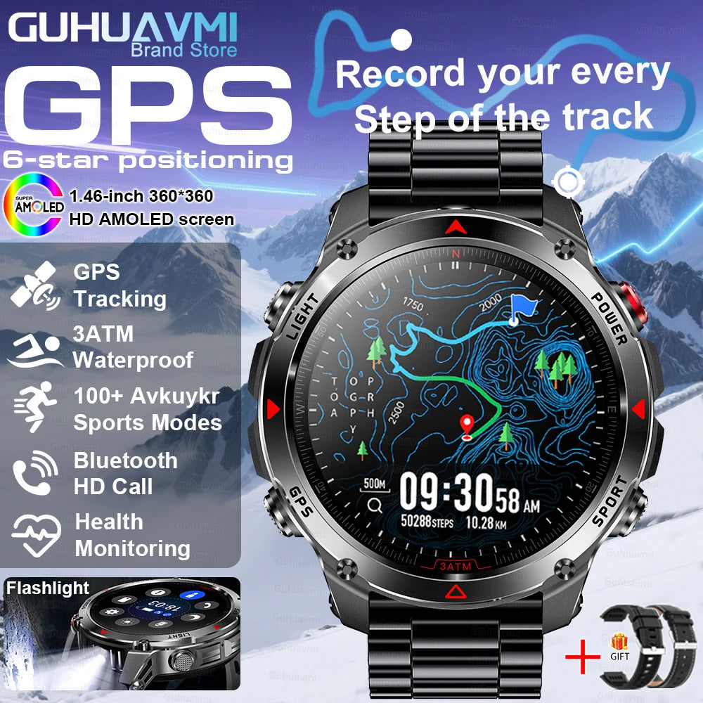 2025New Outdoor Military Smart Watch Men 1.46" AMOLED Built-in GPS Compass Altimeter 3ATM Waterproof Clock BT Call SmartWatches