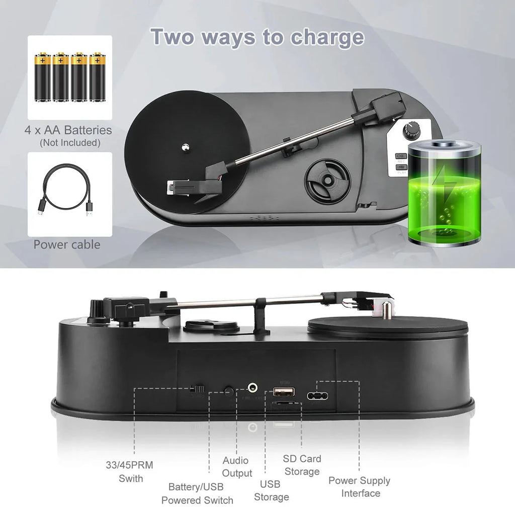 Portable 33/45RPM turntable vinyl to MP3 converter with speaker, USB/TF card recording