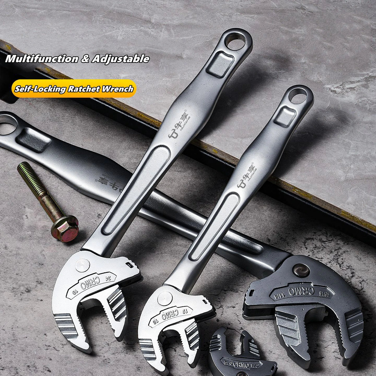 Self-Locking Spring Ratchet Wrench Motorcycle Repair Heavy-Duty Adjustable Crab Claw Wrench for Motor – Extra-Large Jaw Opening