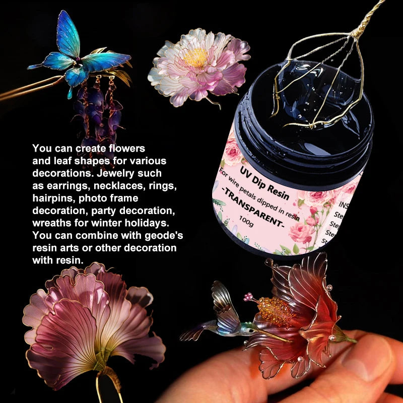 40/100ml UV DIP Resin Glue For Wire Flowers Transparent Liquid High Gloss Ultraviolet Curing Crystal UV Glue Jewelry Making