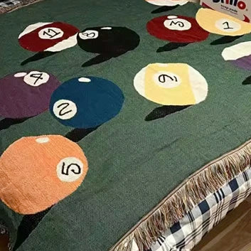 Billiard Balls Pattern Fringed Throw Blanket Retro Pool Balls Themed Woven Couch & Bed Blanket Game Room Decorative Throw