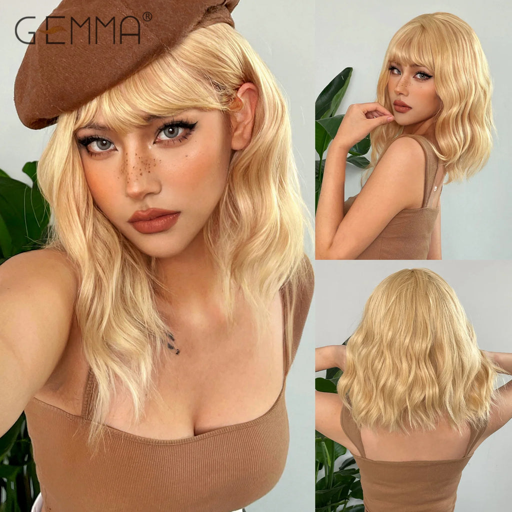GEMMA Middle Length Red Brown Curly Wig with Bangs Synthetic Cosplay Wavy Natural Hair Wigs for Women Daily Heat Resistant Fibre