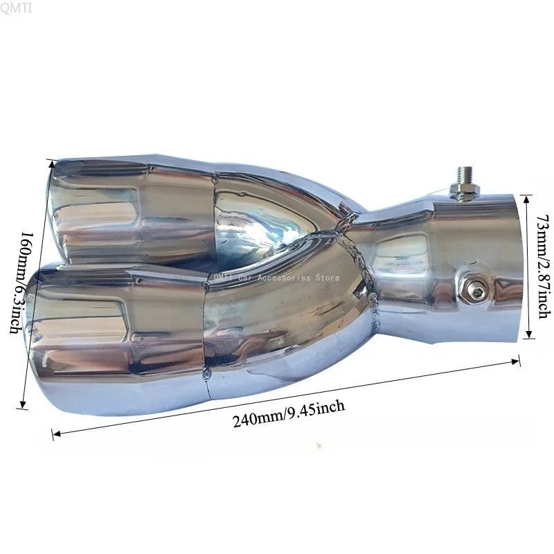 Universal Double Outlet Exhaust Tip Muffler Tailpipe 58mm/73mm Black or Silver Straight/Curved