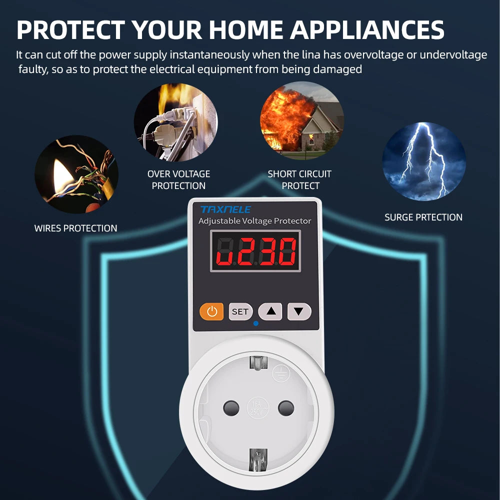 Automatic Voltage Protector Socket 220V 16A Adjustable Over/Under Voltage Cutoff, EU Plug