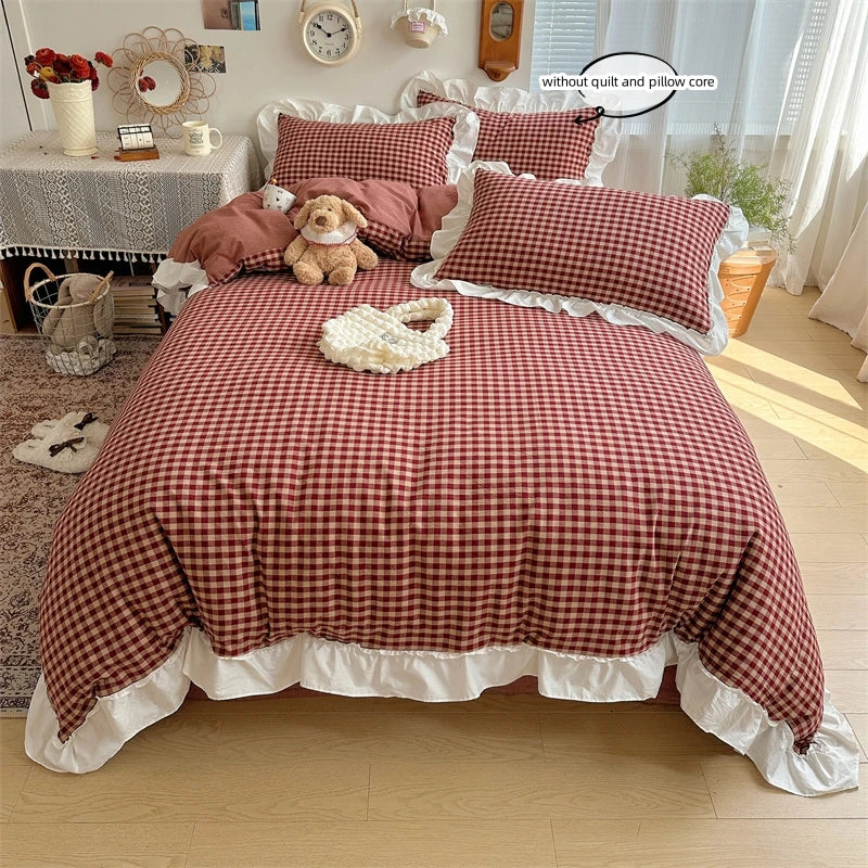 3pcs red,black plaid Duvet Cover Set (1*Duvet Cover + 2*Pillowcase, Without Core), Lace embroidery Bedding Set
