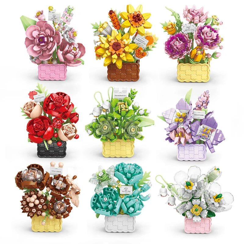 Rose Eternal Flower Basket Potted Plants Mini Particle Building Block,DIY Sunflower Flower Ornament Assembled Toy,For Kids Gifts