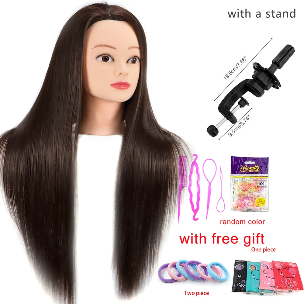 Mannequin Head 100% Synthetic Hair Hairdresser Training Head With Tripod Manikin Cosmetology Doll Head For Braiding Styling