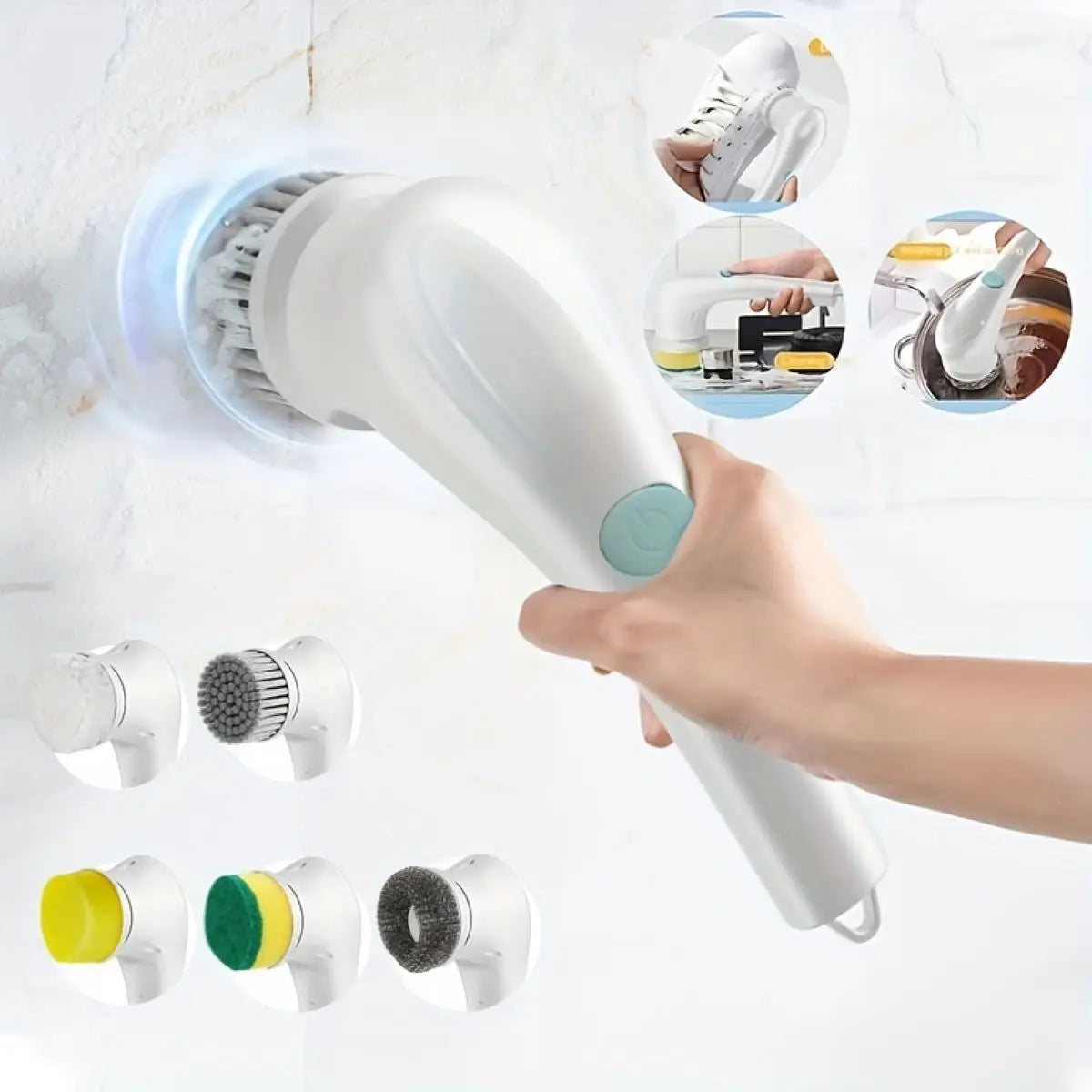 Handheld Eectric Cleaning Brush Cordless Spin Scrubbe With 5 Replaceable Brush Heads USB Rechargeable 360°Power Scrubbe