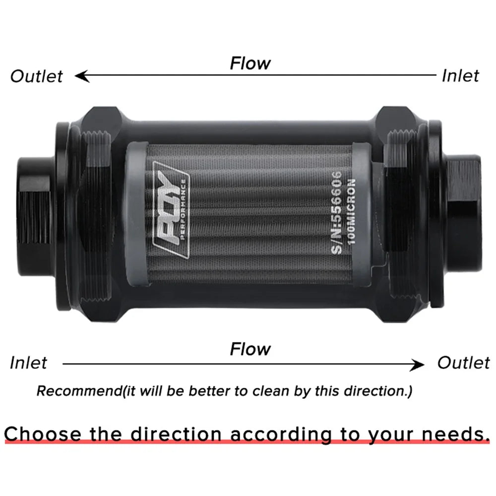 WLR - PQY BLACK AN6 / AN8 / AN10 Adaptor Fittings Inline Fuel Filter E85 Ethanol With 100 Micron Stainless Steel Element