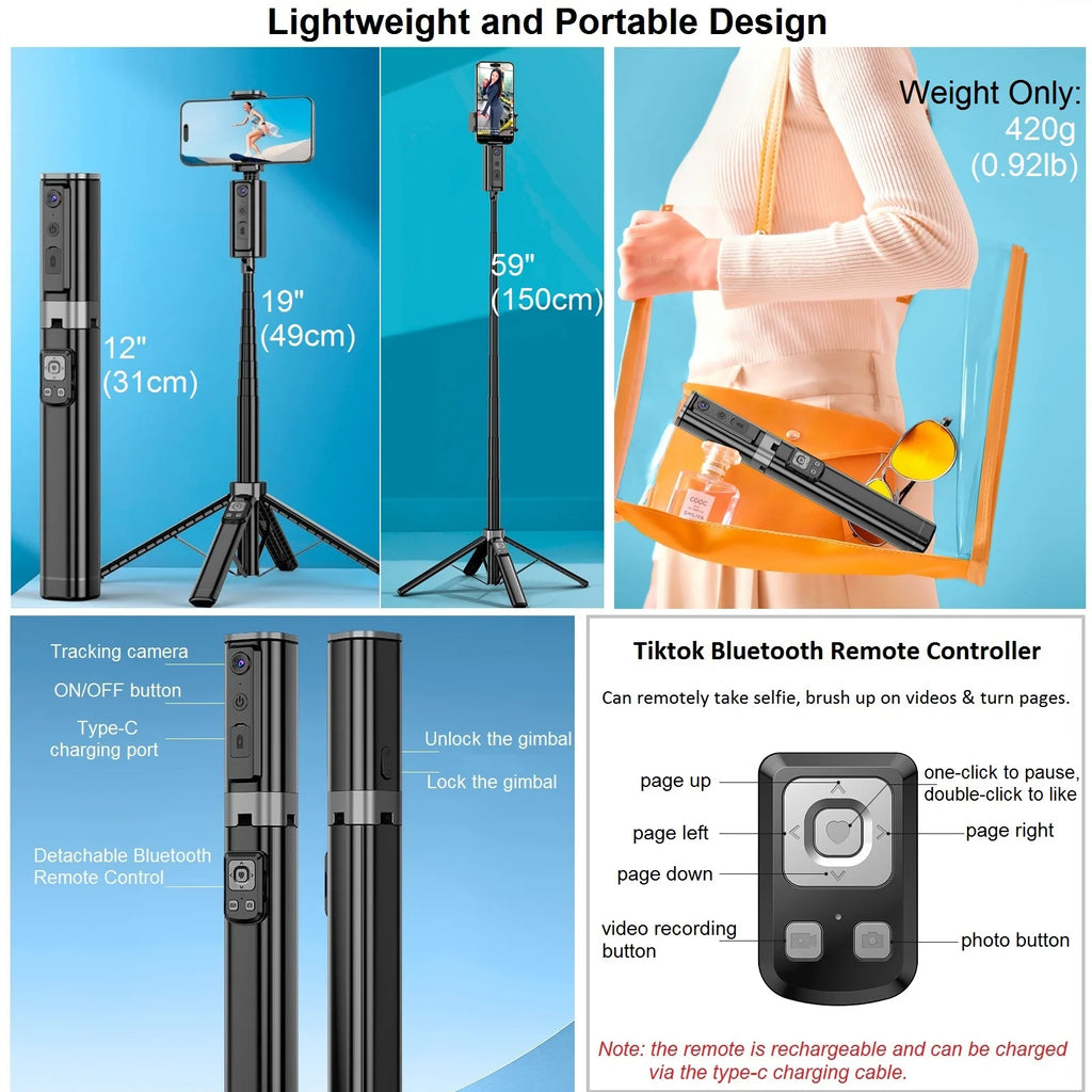 360  Auto Face Tracking Phone Tripod Stand, 59in Selfie Stick Holder, Black