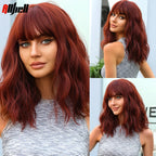Short Copper Ginger Synthetic Natural Wavy Wigs Hair Orange Halloween Bob Wig with Bangs Heat Resistant for Women Cosplay Wig