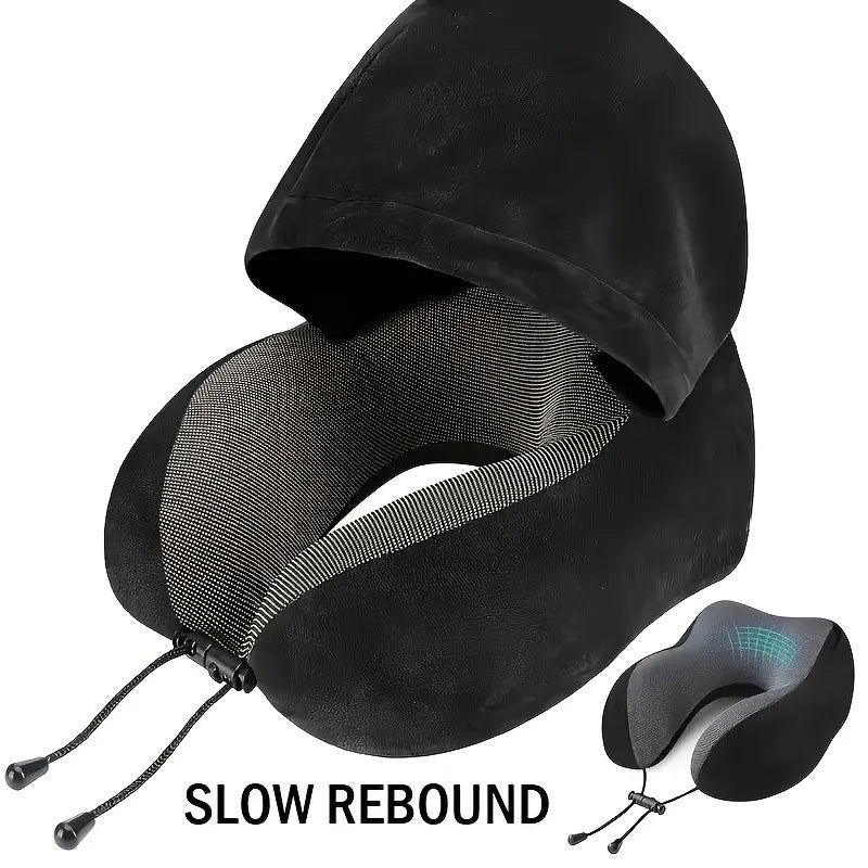 Hooded U-Shaped Travel Neck Pillow, Memory Foam, Removable Washable Cover, 27x27x14cm