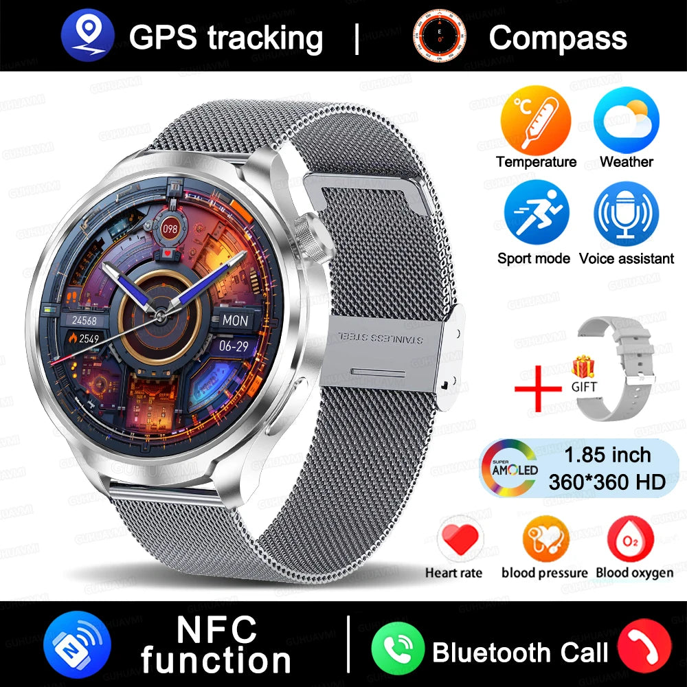 1.85" HD Big Screen Smart watch For men Sports NFC Watch Bluetooth Call Blood Pressure Temperature GPS Sport Track smart watch