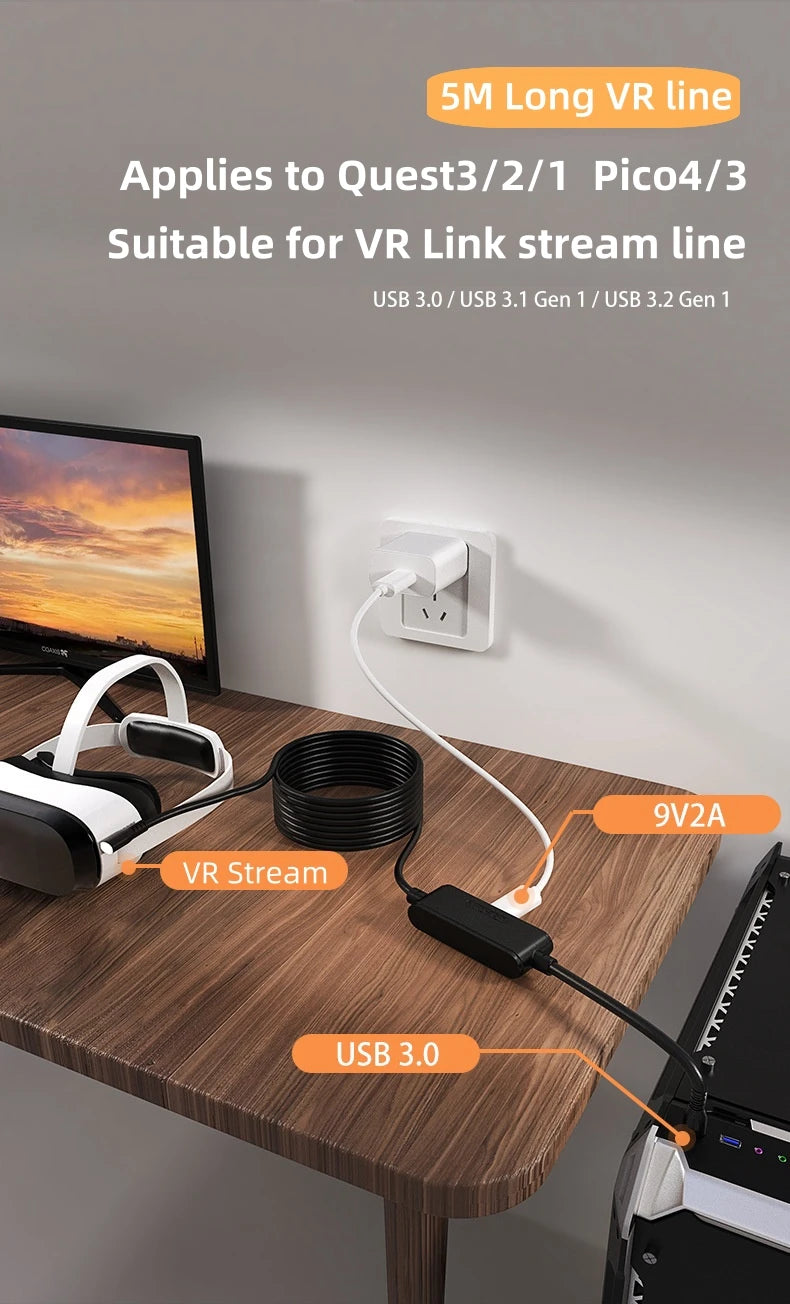 USB 3.2 Gen 1 VR Link Cable USB-A to USB-C 5m 5Gbps for Quest 3S/3/2, PICO 4/Neo 3