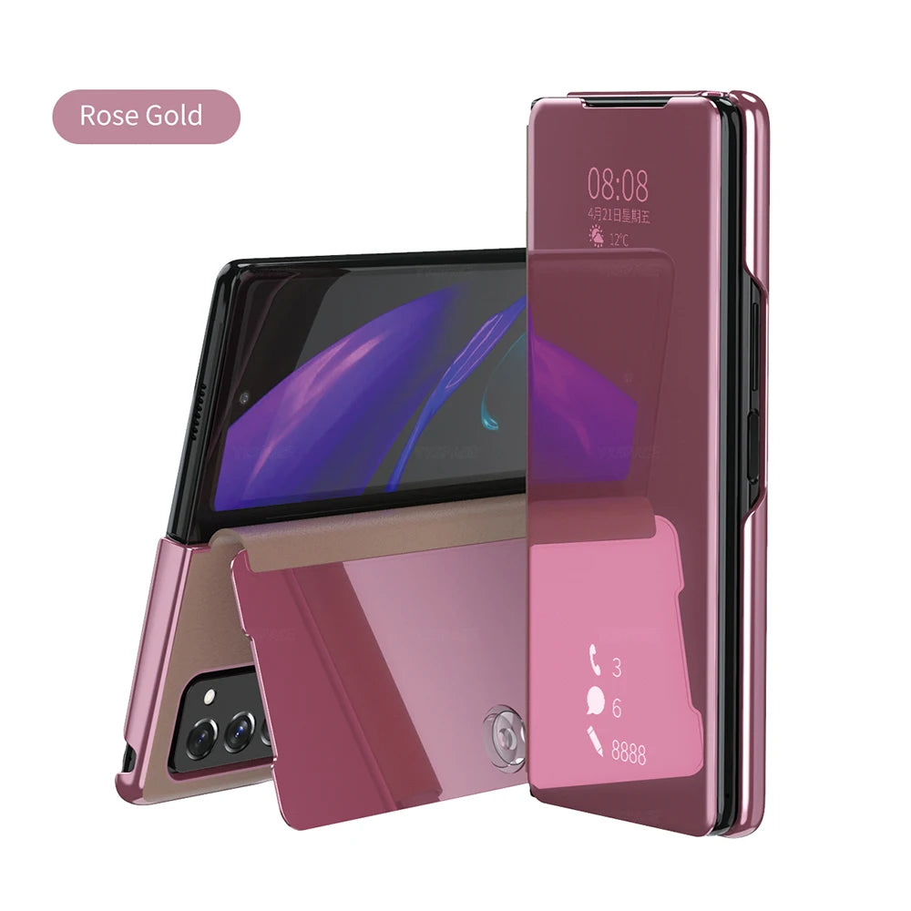 6 Colors Mirror Clear View Stand Flip Case For Samsung Galaxy Z Fold 2 3 4 5 6 7 Full Cover Folding Plathing Phone Cover