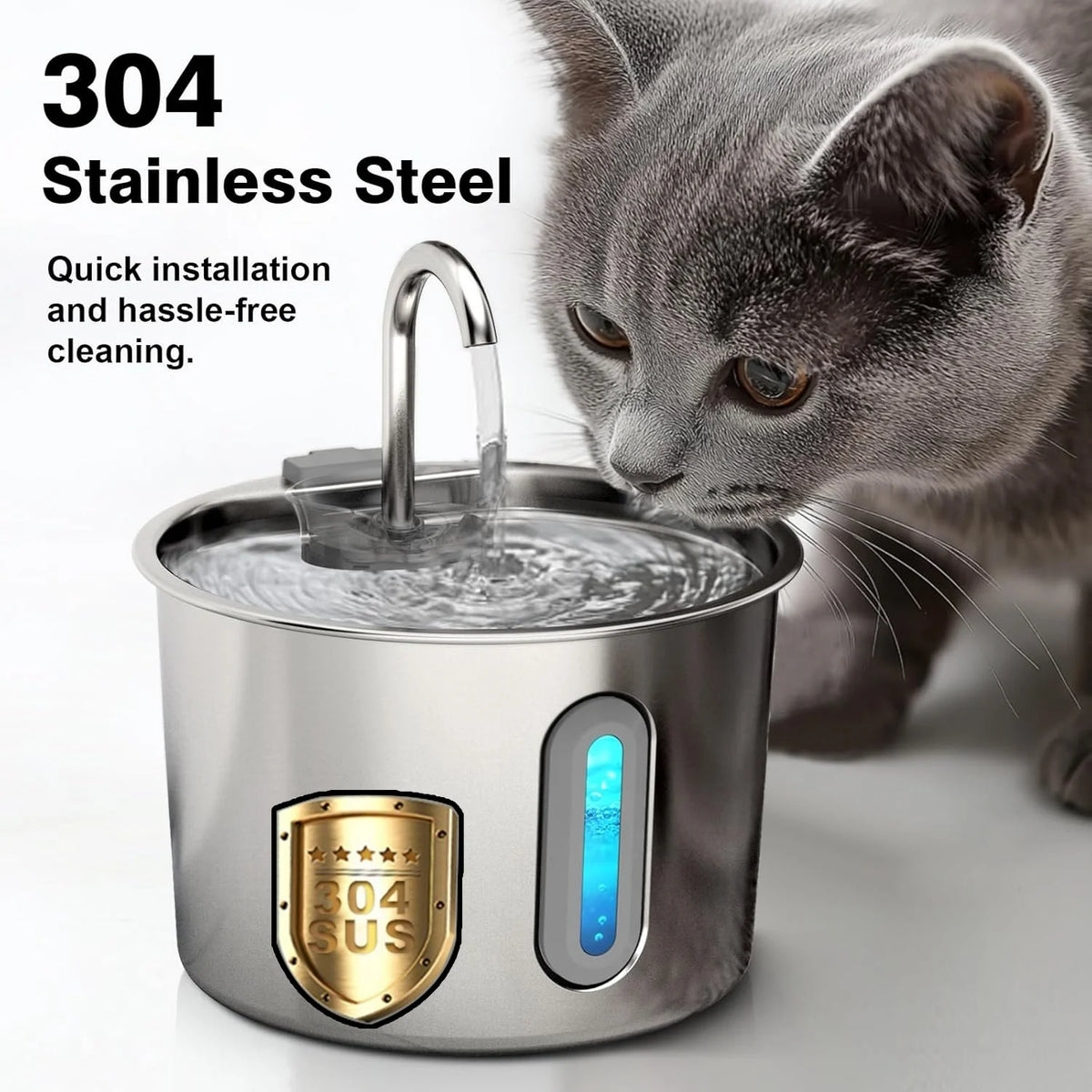 Stainless Steel Pet Water Fountain 2.2L USB Powered Ultra Quiet, Water Fountain or 4 Filters