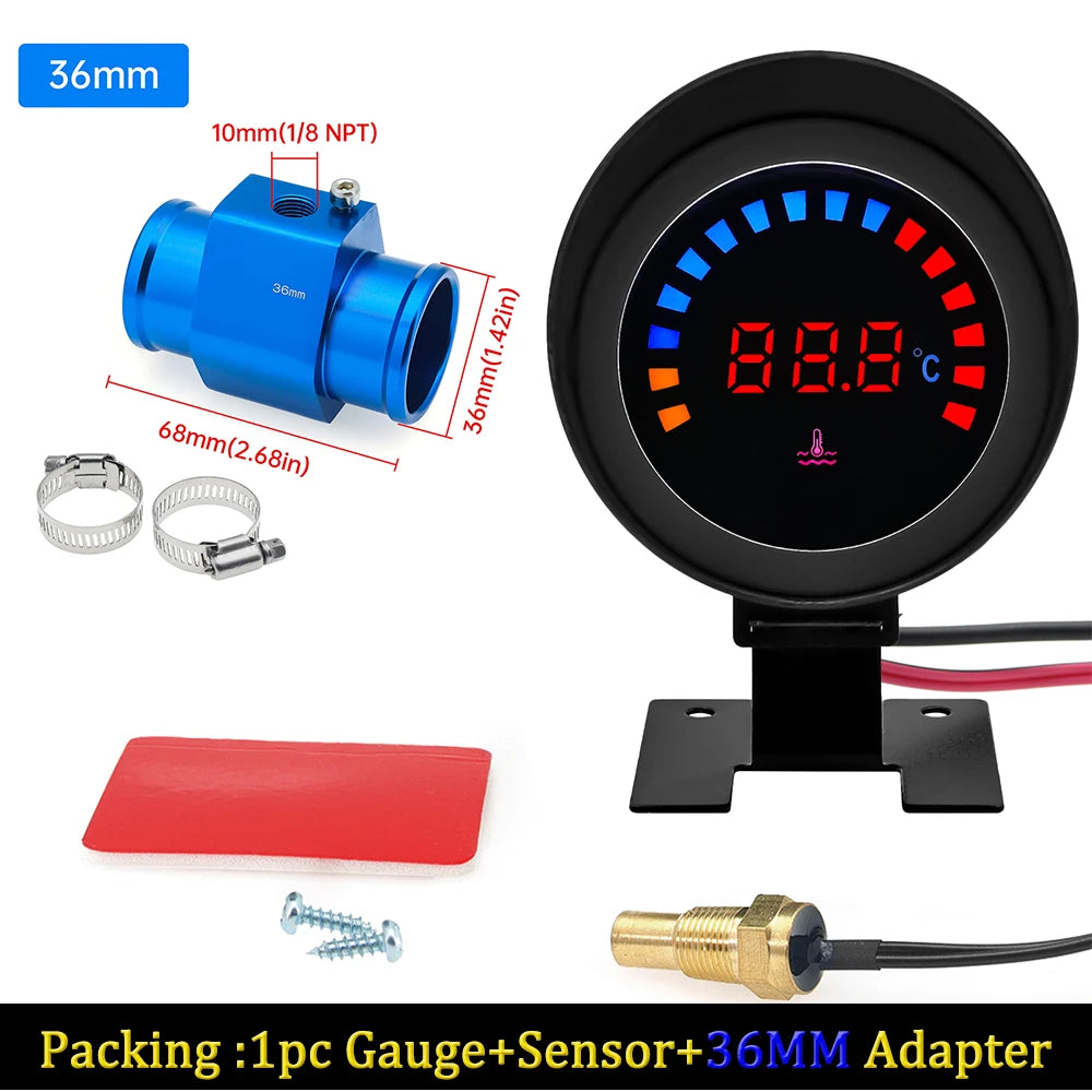52MM Water Temp Gauge 12~24V LCD Digital Water Thermometer Meter with Sensor + Adapter Joint Pipe Radiator for Car Motorcycle
