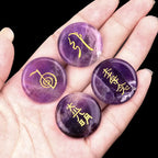 4Pcs Natural Lapis Lazuli Stones Engraved Chakra Symbols Polished Palm Stones for Reiki Crystal Healing Balancing