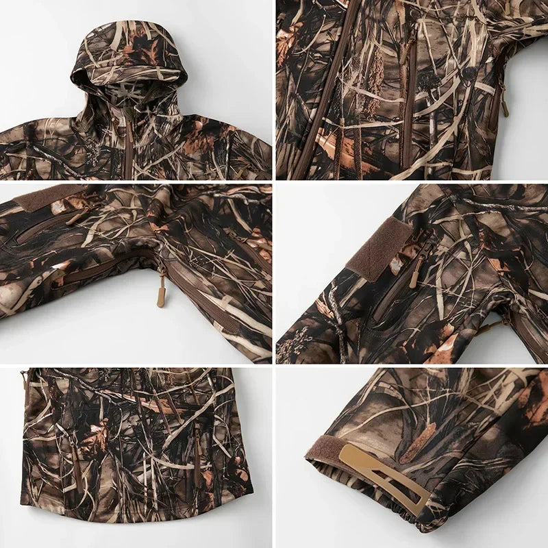 Men's Silent Camouflage Hunting Jacket Soft Shell Outdoor Hiking Fishing Hooded Coat Waterproof Fleece Tactical Jackets