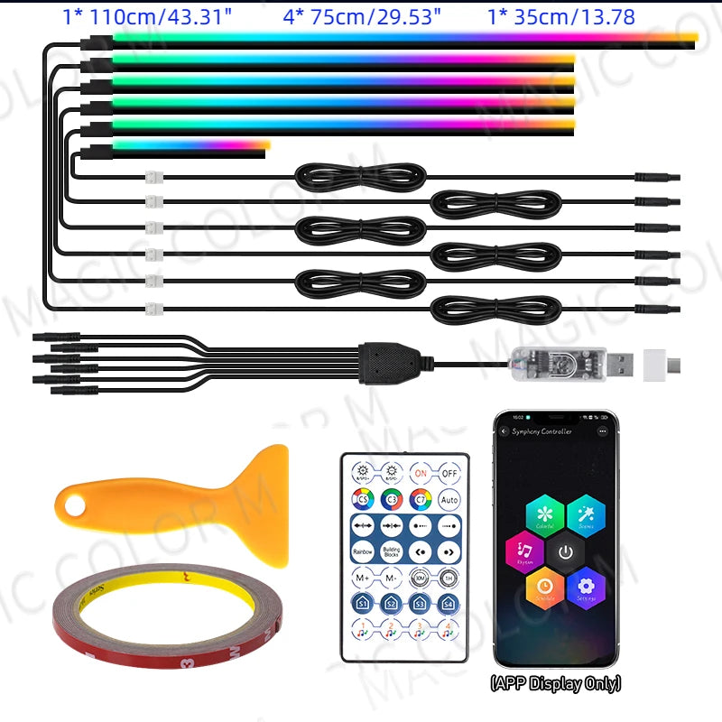 Vgetting 140 /55.1in Symphony LED Car Ambient Lights Universal 6 in 1 RGB Atmosphere Lamp USB APP Remote for Tesla Model 3 Y S X